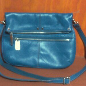 Tignanello Blue Pebbled Leather Flapover Crossbody Handbag